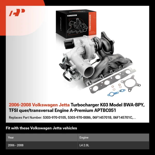 2006-2008 Volkswagen Jetta Turbocharger K03 Model BWA-BPY, TFSI quer/transversal Engine A-Premium APTBC051