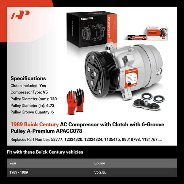 1989 Buick Century AC Compressor with Clutch with 6-Groove Pulley A-Premium APACC078