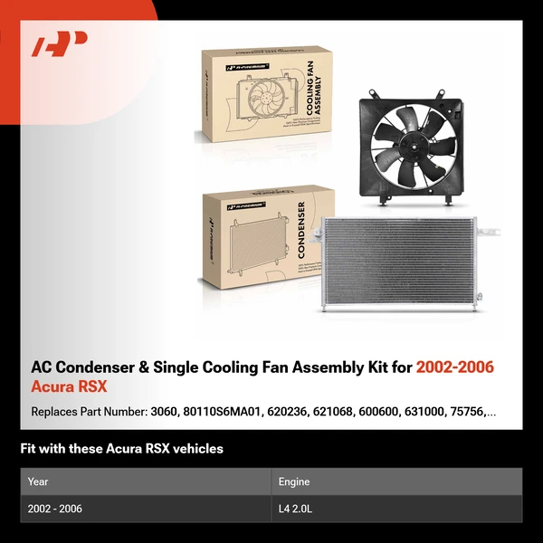 AC Condenser & Single Cooling Fan Assembly Kit for 2002-2006 Acura RSX