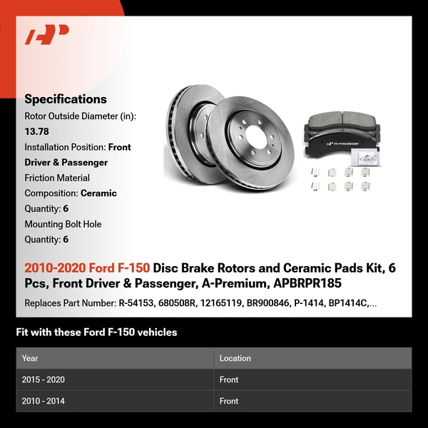 2010-2020 Ford F-150 Disc Brake Rotors and Ceramic Pads Kit, 6 Pcs, Front Driver & Passenger, A-Premium, APBRPR185