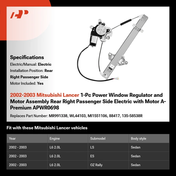 2002-2003 Mitsubishi Lancer 1-Pc Power Window Regulator and Motor Assembly Rear Right Passenger Side Electric with Motor A-Premium APWR0698