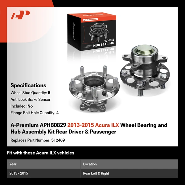A-Premium APHB0829 2013-2015 Acura ILX Wheel Bearing and Hub Assembly Kit Rear Driver & Passenger