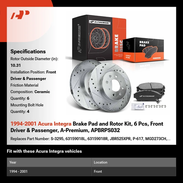1994-2001 Acura Integra Brake Pad and Rotor Kit, 6 Pcs, Front Driver & Passenger, A-Premium, APBRPS032