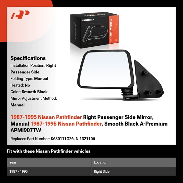 1987-1995 Nissan Pathfinder Right Passenger Side Mirror, Manual 1987-1995 Nissan Pathfinder, Smooth Black A-Premium APMI907TW