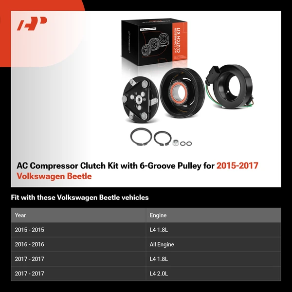 AC Compressor Clutch Kit with 6-Groove Pulley for 2015-2017 Volkswagen Beetle