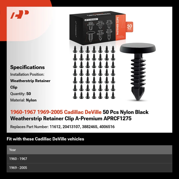 1960-1967 1969-2005 Cadillac DeVille 50 Pcs Nylon Black Weatherstrip Retainer Clip A-Premium APRCF1275