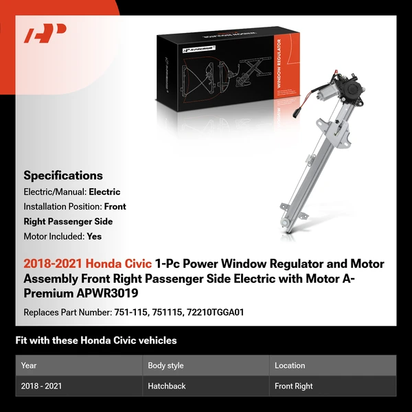 2018-2021 Honda Civic 1-Pc Power Window Regulator and Motor Assembly Front Right Passenger Side Electric with Motor A-Premium APWR3019