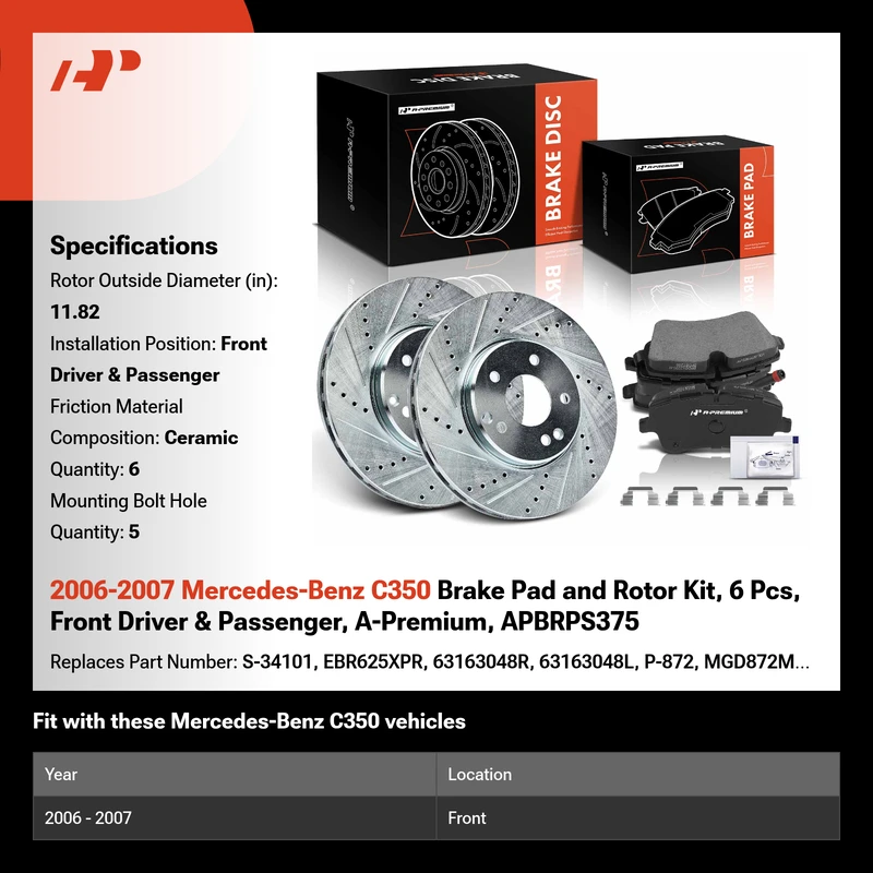 2006-2007 Mercedes-Benz C350 Brake Pad and Rotor Kit, 6 Pcs, Front Driver & Passenger, A-Premium, APBRPS375