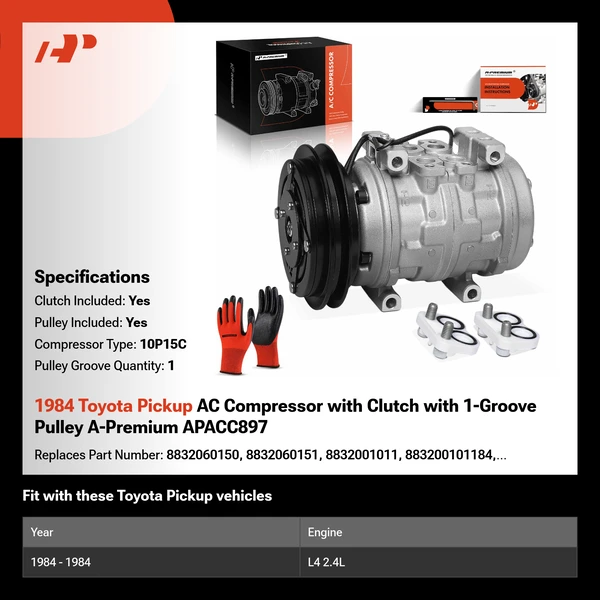 1984 Toyota Pickup AC Compressor with Clutch with 1-Groove Pulley A-Premium APACC897