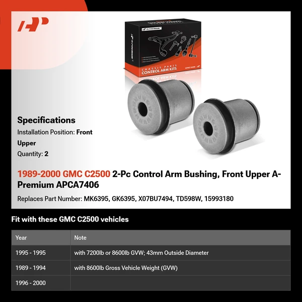 1989-2000 GMC C2500 2-Pc Control Arm Bushing, Front Upper A-Premium APCA7406