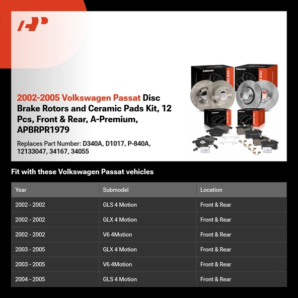 2002-2005 Volkswagen Passat Disc Brake Rotors and Ceramic Pads Kit, 12 Pcs, Front & Rear, A-Premium, APBRPR1979