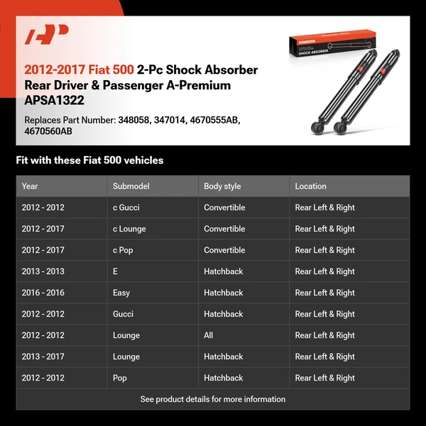 2012-2017 Fiat 500 2-Pc Shock Absorber Rear Driver & Passenger A-Premium APSA1322