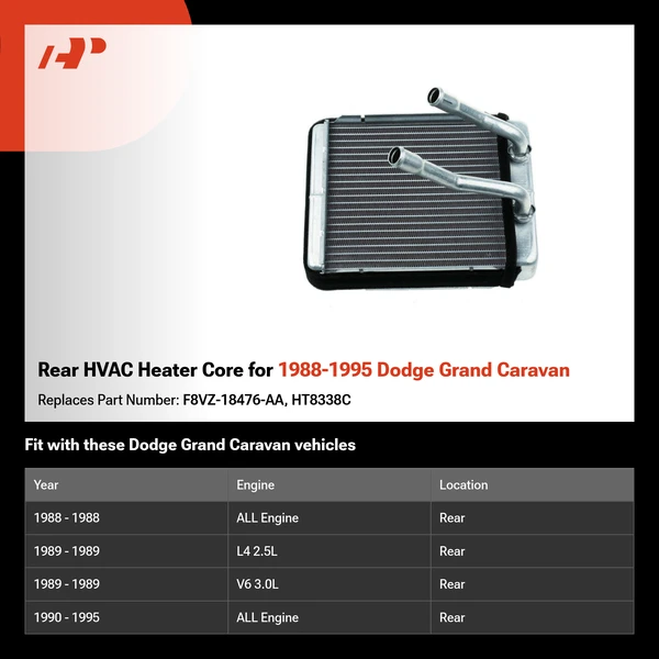 Rear HVAC Heater Core for 1988-1995 Dodge Grand Caravan