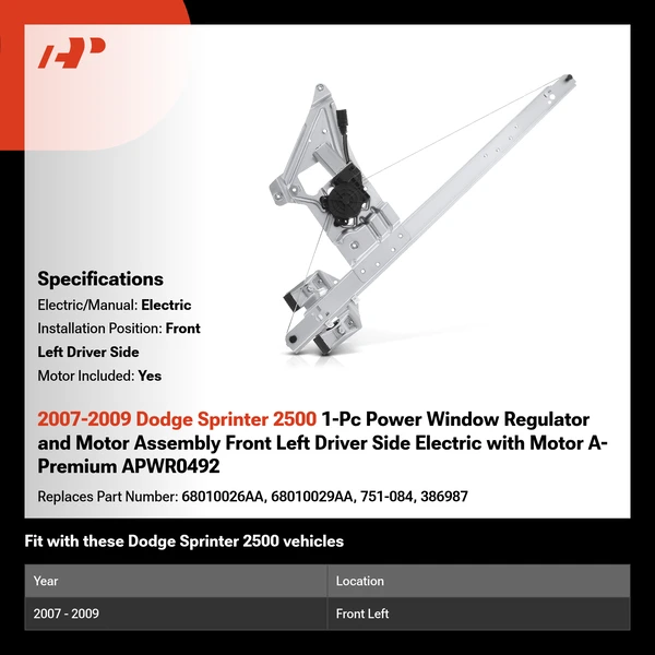 2007-2009 Dodge Sprinter 2500 1-Pc Power Window Regulator and Motor Assembly Front Left Driver Side Electric with Motor A-Premium APWR0492