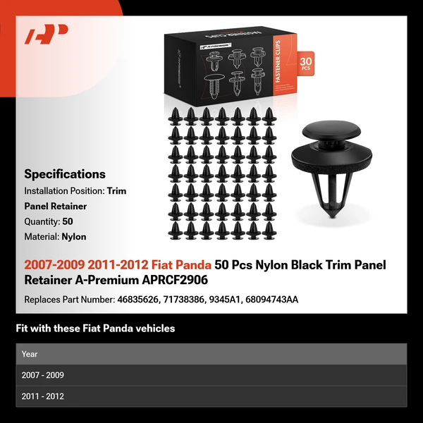 2007-2009 2011-2012 Fiat Panda 50 Pcs Nylon Black Trim Panel Retainer A-Premium APRCF2906