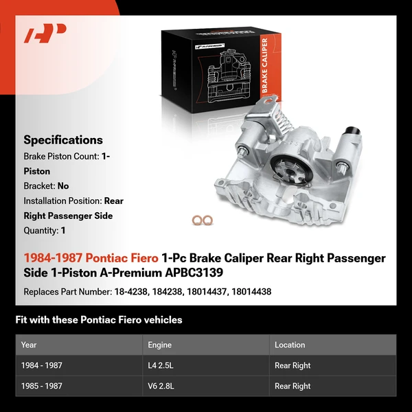 1984-1987 Pontiac Fiero 1-Pc Brake Caliper Rear Right Passenger Side 1-Piston A-Premium APBC3139