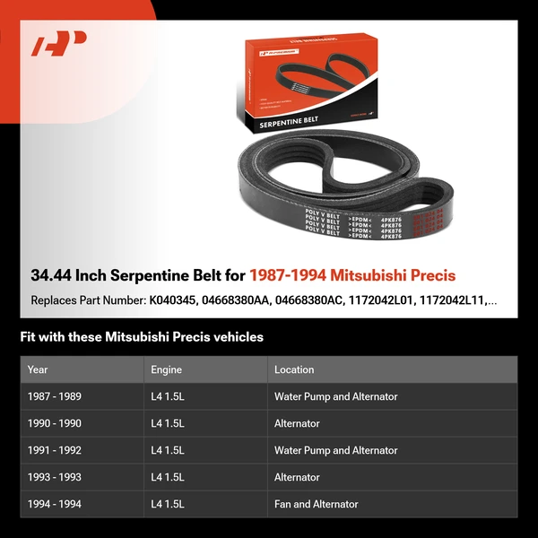 34.44 Inch Serpentine Belt for 1987-1994 Mitsubishi Precis
