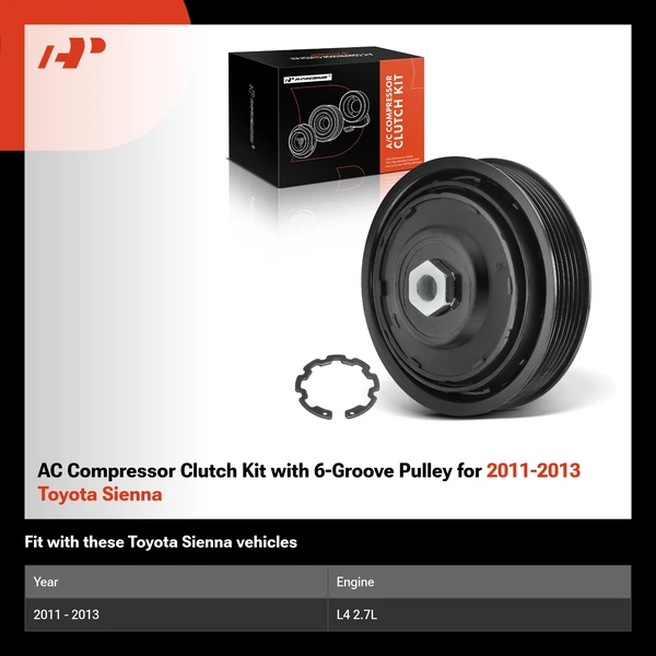 AC Compressor Clutch Kit with 6-Groove Pulley for 2011-2013 Toyota Sienna