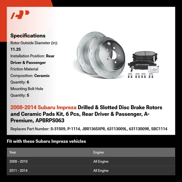 2008-2014 Subaru Impreza Drilled & Slotted Disc Brake Rotors and Ceramic Pads Kit, 6 Pcs, Rear Driver & Passenger, A-Premium, APBRPS063