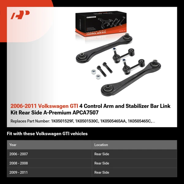 2006-2011 Volkswagen GTI 4 Control Arm and Stabilizer Bar Link Kit Rear Side A-Premium APCA7507