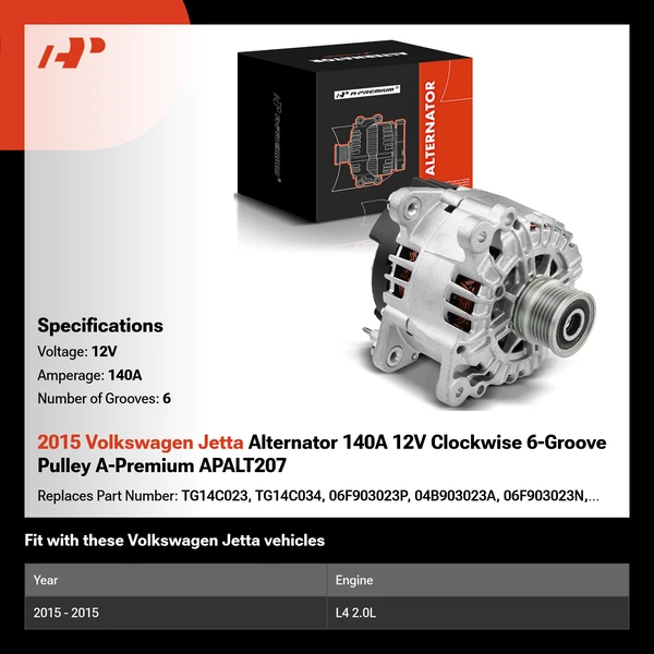 2015 Volkswagen Jetta Alternator 140A 12V Clockwise 6-Groove Pulley A-Premium APALT207