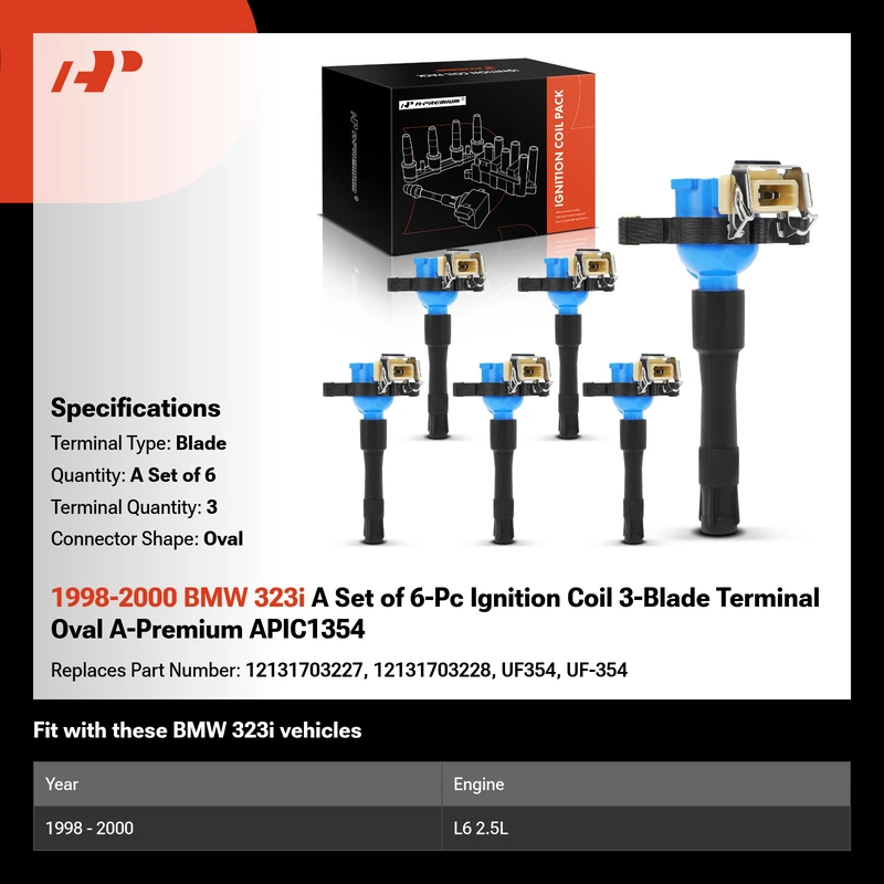 1998-2000 BMW 323i A Set of 6-Pc Ignition Coil 3-Blade Terminal Oval A-Premium APIC1354