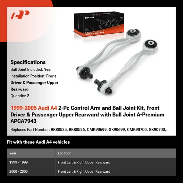 1999-2005 Audi A4 2-Pc Control Arm and Ball Joint Kit, Front Driver & Passenger Upper Rearward with Ball Joint A-Premium APCA7943