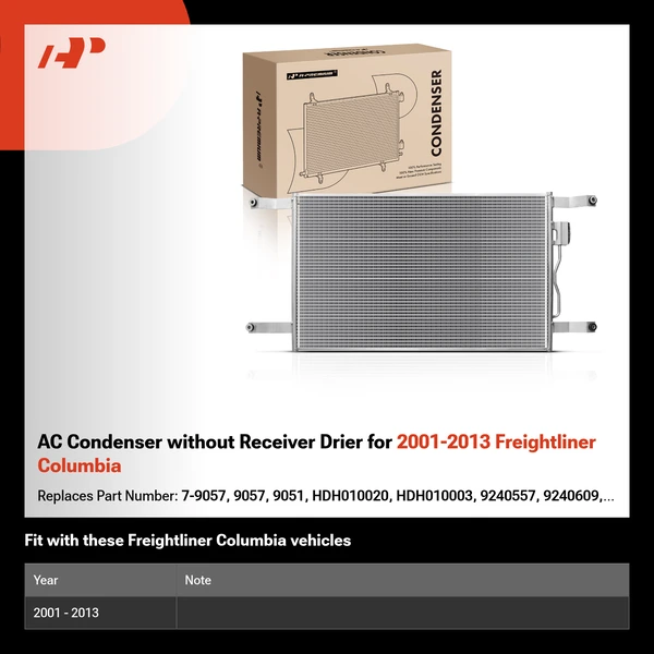 AC Condenser without Receiver Drier for 2001-2013 Freightliner Columbia