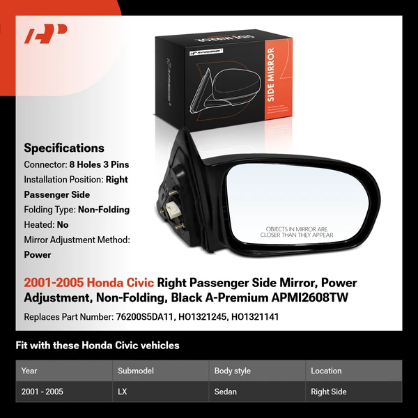 2001-2005 Honda Civic Right Passenger Side Mirror, Power Adjustment, Non-Folding, Black A-Premium APMI2608TW