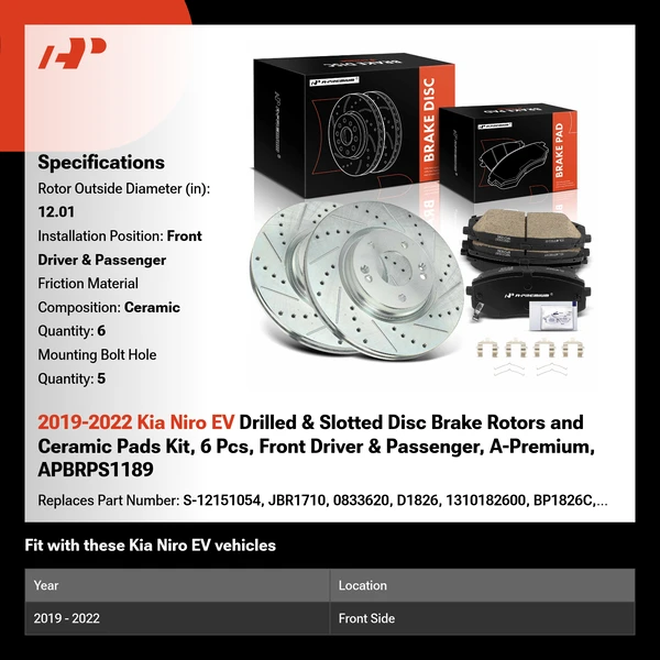 2019-2022 Kia Niro EV Drilled & Slotted Disc Brake Rotors and Ceramic Pads Kit, 6 Pcs, Front Driver & Passenger, A-Premium, APBRPS1189