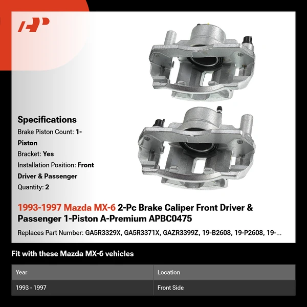1993-1997 Mazda MX-6 2-Pc Brake Caliper Front Driver & Passenger 1-Piston A-Premium APBC0475