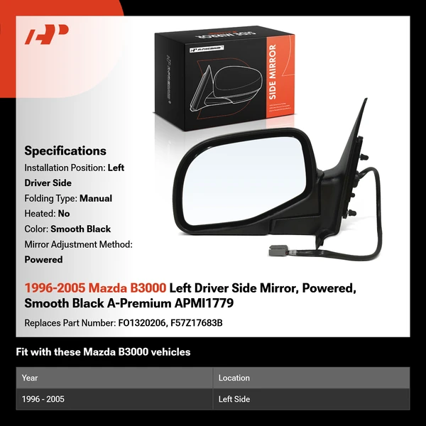 1996-2005 Mazda B3000 Left Driver Side Mirror, Powered, Smooth Black A-Premium APMI1779