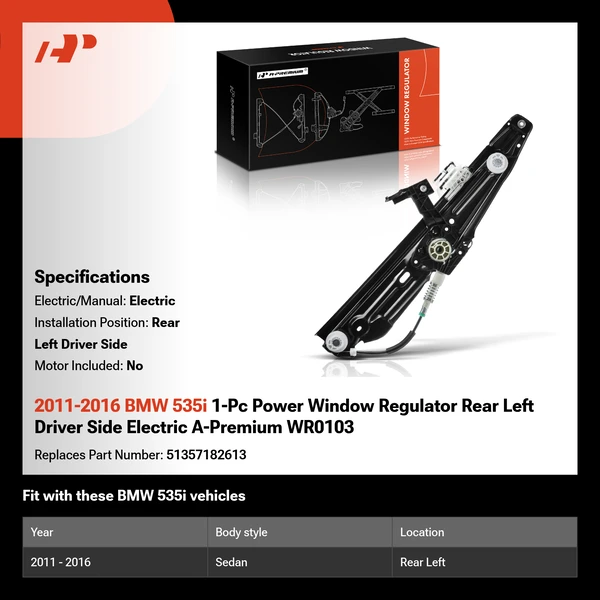 2011-2016 BMW 535i 1-Pc Power Window Regulator Rear Left Driver Side Electric A-Premium WR0103