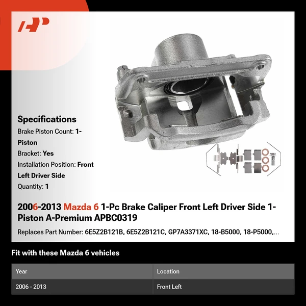 2006-2013 Mazda 6 1-Pc Brake Caliper Front Left Driver Side 1-Piston A-Premium APBC0319