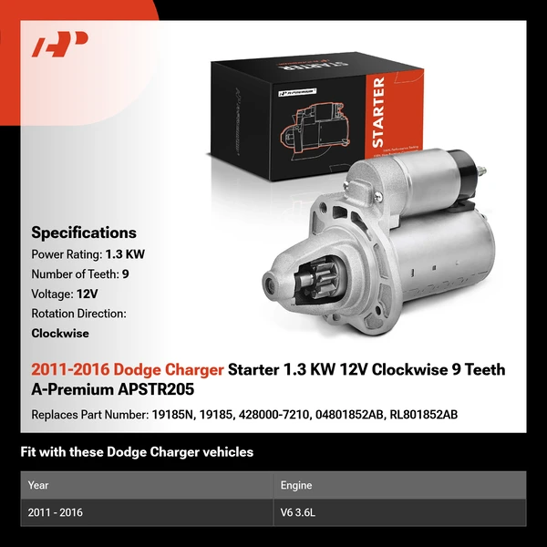 2011-2016 Dodge Charger Starter 1.3 KW 12V Clockwise 9 Teeth A-Premium APSTR205