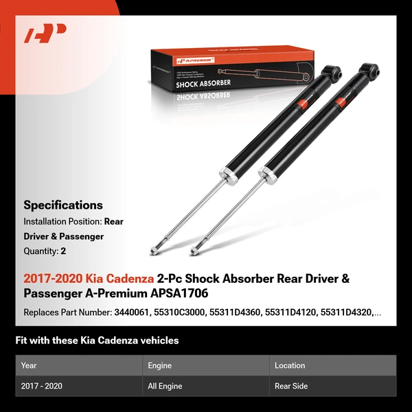 2017-2020 Kia Cadenza 2-Pc Shock Absorber Rear Driver & Passenger A-Premium APSA1706