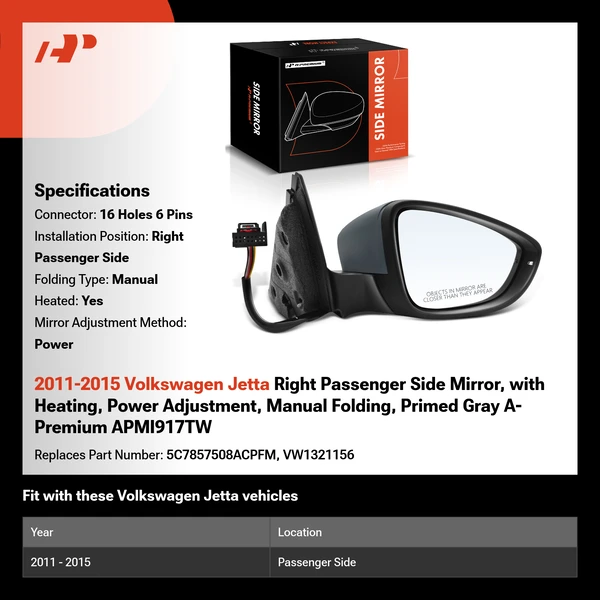 2011-2015 Volkswagen Jetta Right Passenger Side Mirror, with Heating, Power Adjustment, Manual Folding, Primed Gray A-Premium APMI917TW