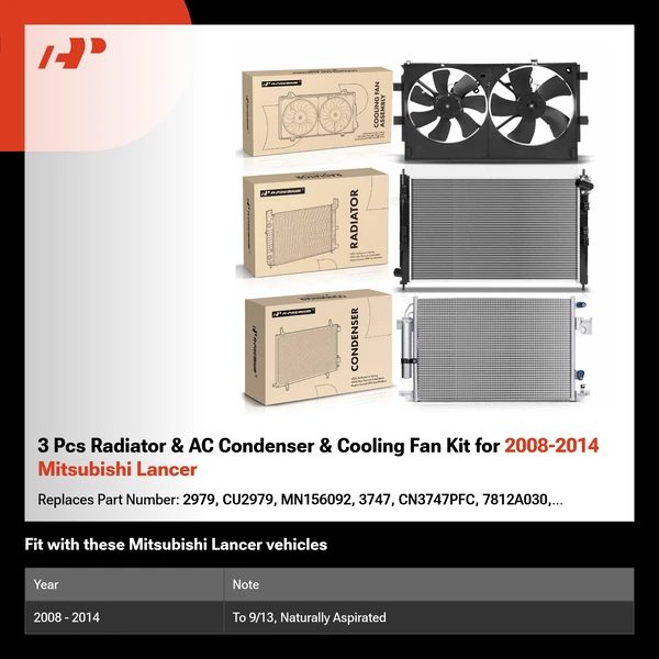 3 Pcs Radiator & AC Condenser & Cooling Fan Kit for 2008-2014 Mitsubishi Lancer