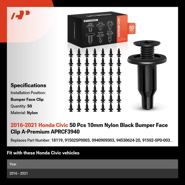 2016-2021 Honda Civic 50 Pcs 10mm Nylon Black Bumper Face Clip A-Premium APRCF3940