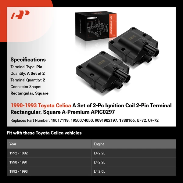 1990-1993 Toyota Celica A Set of 2-Pc Ignition Coil 2-Pin Terminal Rectangular, Square A-Premium APIC0297