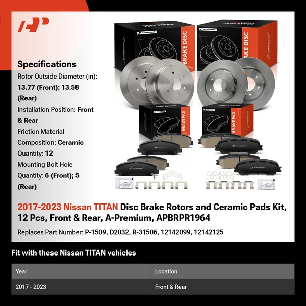 2017-2023 Nissan TITAN Disc Brake Rotors and Ceramic Pads Kit, 12 Pcs, Front & Rear, A-Premium, APBRPR1964