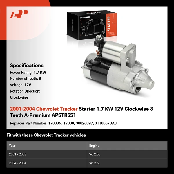 2001-2004 Chevrolet Tracker Starter 1.7 KW 12V Clockwise 8 Teeth A-Premium APSTR551