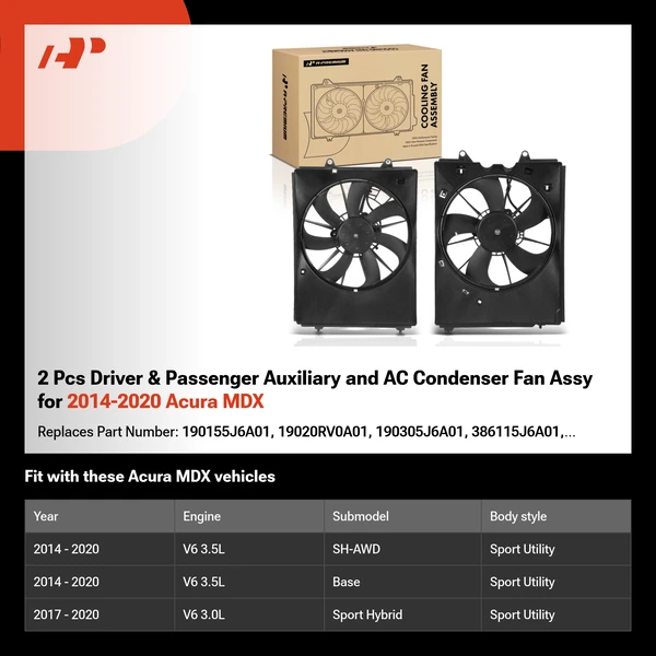 2 Pcs Driver & Passenger Auxiliary and AC Condenser Fan Assy for 2014-2020 Acura MDX