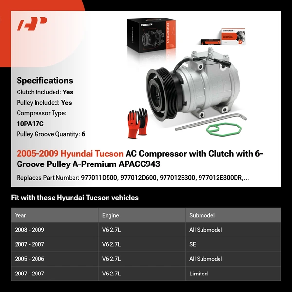 2005-2009 Hyundai Tucson AC Compressor with Clutch with 6-Groove Pulley A-Premium APACC943