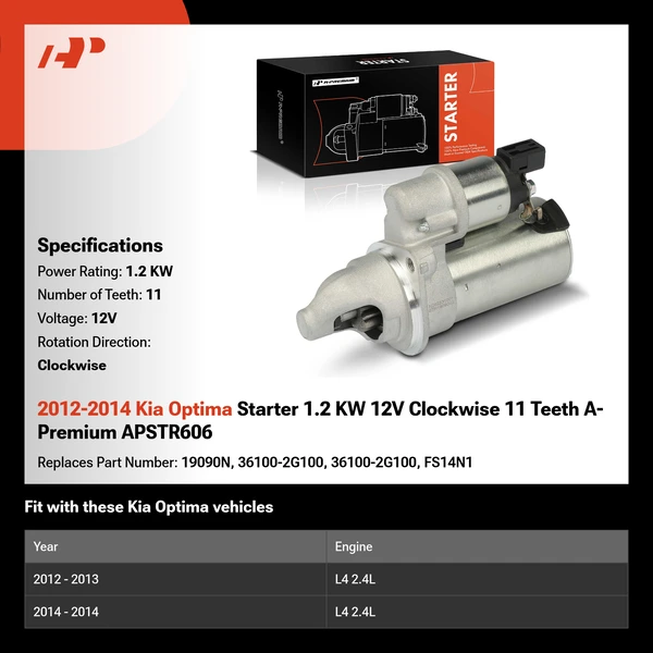 2012-2014 Kia Optima Starter 1.2 KW 12V Clockwise 11 Teeth A-Premium APSTR606