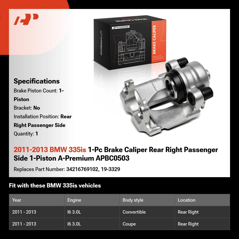 2011-2013 BMW 335is 1-Pc Brake Caliper Rear Right Passenger Side 1-Piston A-Premium APBC0503