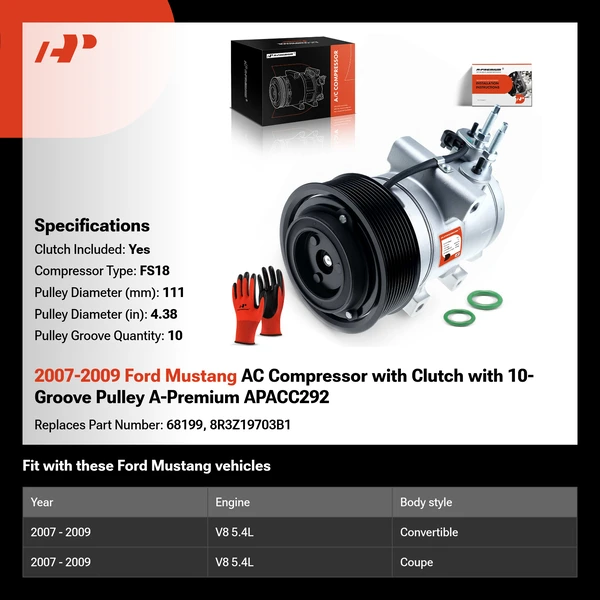 2007-2009 Ford Mustang AC Compressor with Clutch with 10-Groove Pulley A-Premium APACC292
