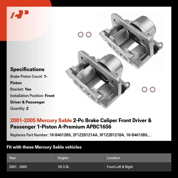 2001-2005 Mercury Sable 2-Pc Brake Caliper Front Driver & Passenger 1-Piston A-Premium APBC1656