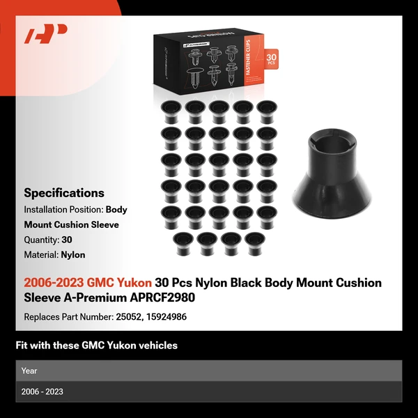 2006-2023 GMC Yukon 30 Pcs Nylon Black Body Mount Cushion Sleeve A-Premium APRCF2980