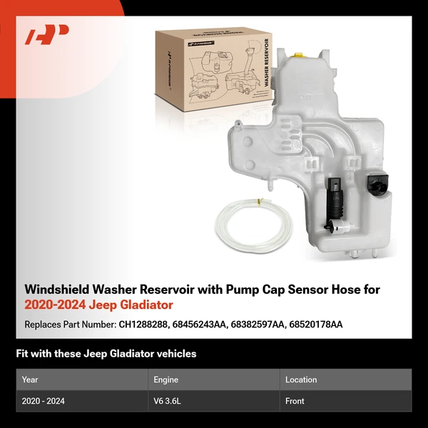 Windshield Washer Reservoir with Pump Cap Sensor Hose for 2020-2024 Jeep Gladiator
